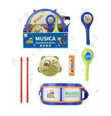 Набір музичних інструментів 717 (24) барабан: 28х28х12 см, барабанні палички, маракаси, бубон, кастаньєти, ремінець, в коробці