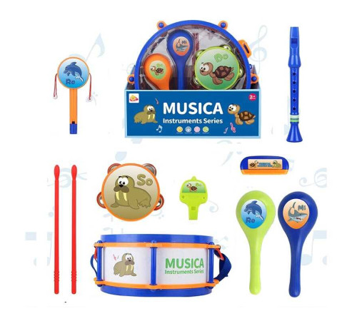 Набір музичних інструментів 717 A (24) барабан: 28х28х12 см, барабанні палички, маракаси, бубон, колотушка, свисток, сопілочка, дудка, ремінець, в коробці