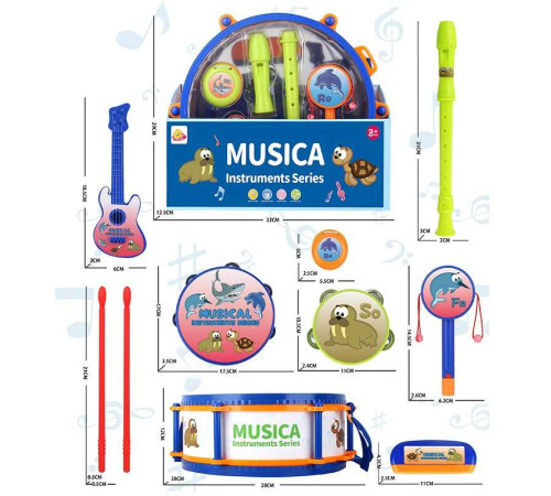 Набір музичних інструментів 818 A (18/2) 7 елементів, чуттєва мембрана, барабан, гітара, сопілка, бубон, губна гармошка, маракаси, в коробці