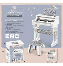 Піаніно 328-26 (12) мікрофон, стілець, 25 клавіш, працює від мережі або батарейок, звук, мелодії, 2 AUX-роз'єми, AUX-кабель, USB-AUX кабель, регулювання гучності, функція запису, в коробці