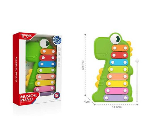 Ксилофон HE 8012 (24) "Динозаврик", 8 металевих пластин, молоточок, в коробці