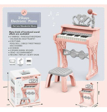 Піаніно 328-27 (12) мікрофон, стілець, 25 клавіш, працює від мережі або батарейок, звук, мелодії, 2 AUX-роз'єми, AUX-кабель, USB-AUX кабель, регулювання гучності, функція запису, в коробці