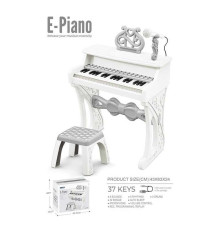 Піаніно 328-60 (6) мікрофон, стілець, 37 клавіш, працює від мережі або батарейок, звук, мелодії, 2 AUX-роз'єми, AUX-кабель, USB-AUX кабель, регулювання гучності, функція запису, в коробці