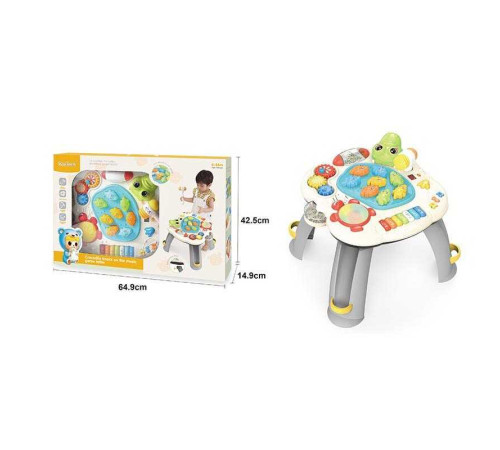 Ігровий музичний столик 2601 (5) піаніно, звукові ефекти, підсвічування, мелодії та пісні, англійські слова та фрази, стукалка, гра на реакцію, регулювання гучності, рухомі шестерні, 2 брязкальця, пальчикові ігри, в коробці