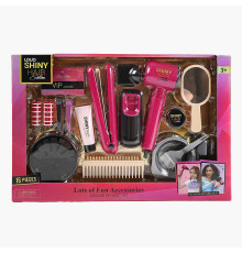 Набір перукаря 626025 (18) 16 аксесуарів, світло, звук, стайлер, фен видуває повітря, 2 насадки, 2 бігуді, 2 заколки, гребінець, люстерко, у коробці