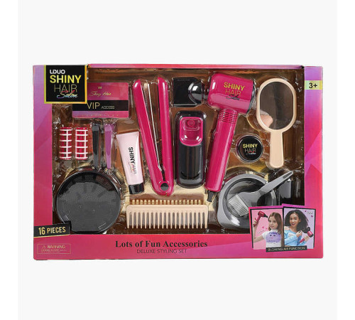 Набір перукаря 626025 (18) 16 аксесуарів, світло, звук, стайлер, фен видуває повітря, 2 насадки, 2 бігуді, 2 заколки, гребінець, люстерко, у коробці