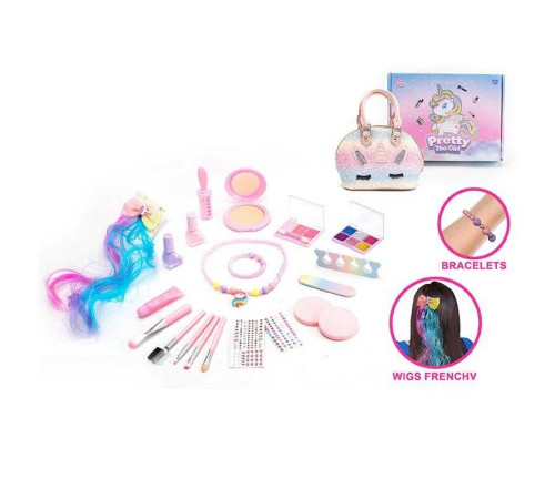 Набір косметики 2621 B (36) сумочка, пудрениця із дзеркальцем, тіні, глітер, 2 лаки, розділювач для пальців, пилочка, штучна прядка волосся, в коробці