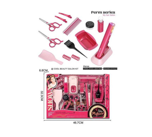 Набір перукаря 2801-4 (24/2) стайлер на батарейках, звук, підсвітка, гребінці, щітка, затискачі для волосся, ножиці, флакончики, бігуді, в коробці