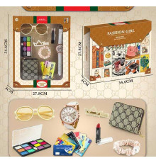 Набір прикрас K 4 (60) годинник, окуляри, резинка та шпилька для волосся, помада, гаманець, тіні для повік та імітація банківських карток, в коробці