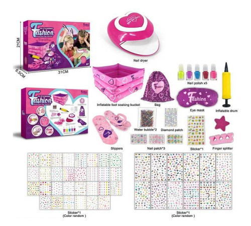 Набір для педікюру 925 A (16) автоматична сушарка, лаки для нігтів, надувна ванночка, мінінасос, водяні кульки, текстильні сумка та маска для очей, пилочка, накладні нігті, в коробці