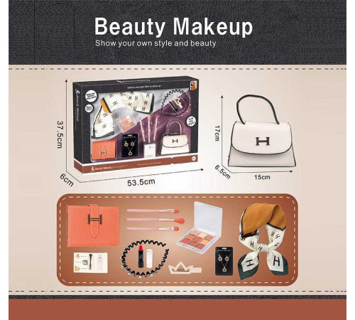 Набір косметики S 5 (24) губна помада, тіні для повік, пензлики для макіяжу, прикраси, шарф, шпилька та обруч для волосся, гаманець, пробник парфумів, сумочка, в коробці