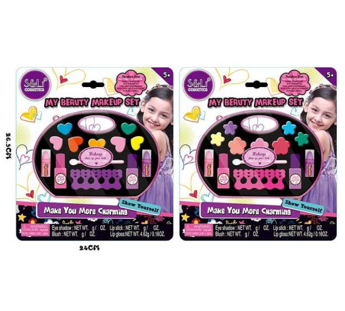 Косметика S 21665 J / 1-2 (96/2) 2 види, тіні, помади, блиск для губ, лак, аплікатори, на листі