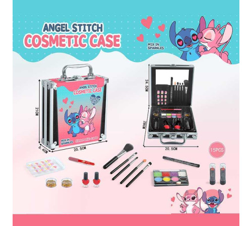 Косметика FT 2104 E (48) 15 елементів, дзеркальце, тіні, помади, блискітки, пензлі, накладні нігті, у валізі