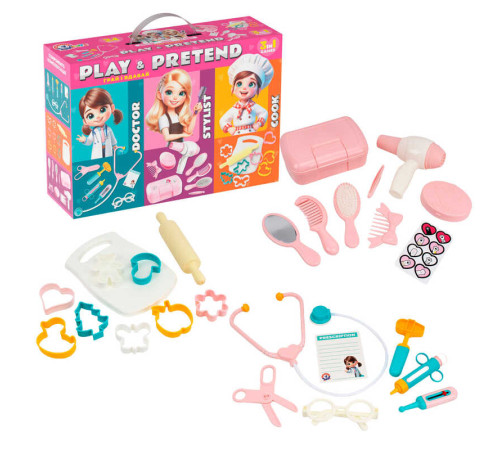 гр Подарунковий набір 2277 (5) "Technok Toys", 3 в 1, стетоскоп, термометр, бланк рецептів, качалка, формочки, фен, щітка, дзеркальце, в коробці