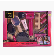 Набір перукаря 626016 (18) 12 аксесуарів, фен видуває повітря, 2 насадки, 2 шт. бігуді, 2 заколки, гребінець, щітка, люстерко, у коробці
