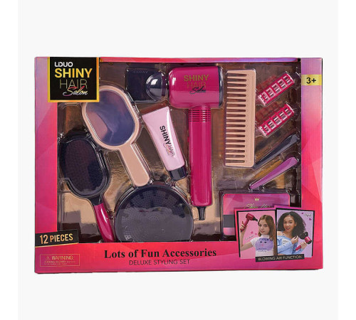 Набір перукаря 626016 (18) 12 аксесуарів, фен видуває повітря, 2 насадки, 2 шт. бігуді, 2 заколки, гребінець, щітка, люстерко, у коробці