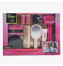 Набір перукаря 626002 (24) 9 аксесуарів, фен видуває повітря, 2 насадки, 2 бігуді, гребінець, люстерко у коробці