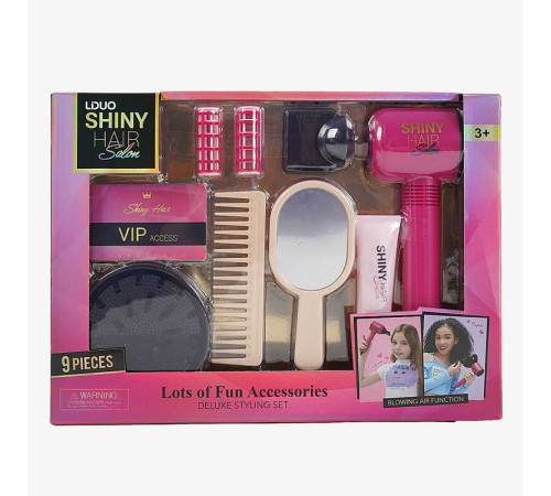 Набір перукаря 626002 (24) 9 аксесуарів, фен видуває повітря, 2 насадки, 2 бігуді, гребінець, люстерко у коробці
