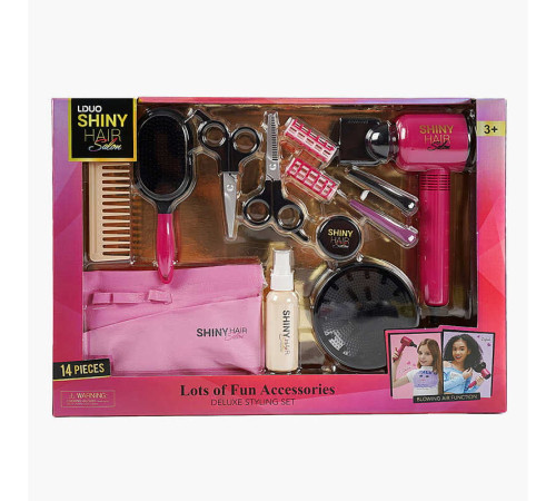 Набір перукаря 626018 (18) 14 аксесуарів, фен видуває повітря, 2 насадки, 2 бігуді, 2 заколки, гребінець, щітка, ножиці, у коробці