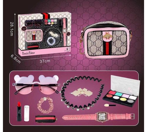 Набір аксесуарів A 6 (36/2) сумочка, окуляри, помада, резинка та обруч для волосся, годинник, палетка тіней та аплікатор, в коробці