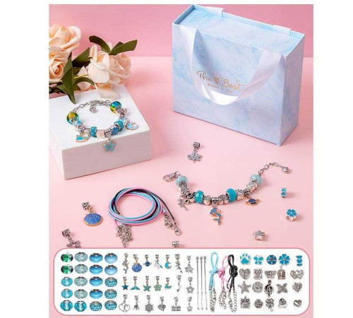 Набір прикрас DLS 1103 (100) "Блакитний бокс", основи для браслетів, намистини, підвіски, в коробці