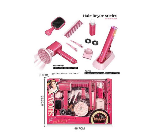 Набір перукаря 2801-3 (24/2) стайлер та фен на батарейках, звук, підсвітка, гребінець, щітка, затискачі для волосся, флакончик, резиночки, в коробці