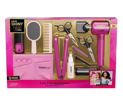 Набір перукаря 626023 (18) 12 аксесуарів, світло, звук, стайлер, фен видуває повітря, 2 насадки, сумочка, 2 заколки, гребінець, люстерко, у коробці