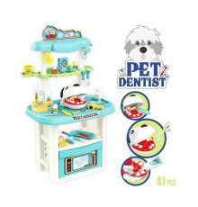 Набір стоматолога 8371 (6) 41 деталь, ветеринарний стіл-стійка, макет голови песика, рот відкривається, медичні інструменти, підсвічування, рухомі деталі, в коробці