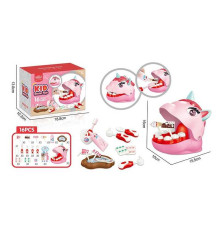 Набір стоматолога 623-921 (72/2) 16 елементів, голова єдинорога, отвори в зубах, інструменти, зубна паста, щітка, щипці, солодощі на паличках, в коробці