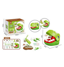 Набір стоматолога 623-922 (72/2) 16 елементів, голова динозавра, отвори в зубах, інструменти, зубна паста, щітка, щипці, солодощі на паличках, в коробці