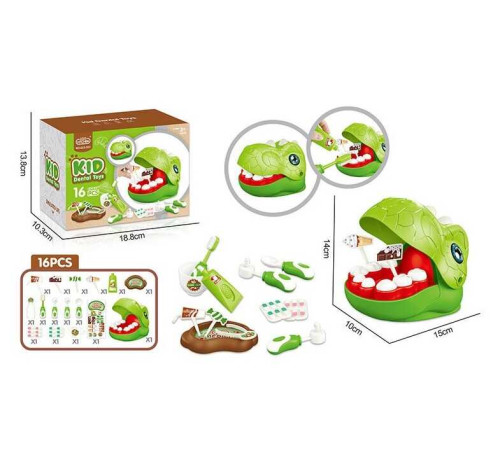 Набір стоматолога 623-922 (72/2) 16 елементів, голова динозавра, отвори в зубах, інструменти, зубна паста, щітка, щипці, солодощі на паличках, в коробці – в наличии! Купите сейчас у KAZKOVA