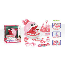 Набір стоматолога 855 (48) муляжі щелеп, рот зайчика відкривається, підсвічування стомат. інструмента, аксесуари, зубна щітка, окуляри, щипці, чашка, в коробці