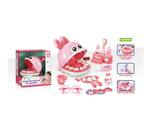 Набір стоматолога 855 (48) муляжі щелеп, рот зайчика відкривається, підсвічування стомат. інструмента, аксесуари, зубна щітка, окуляри, щипці, чашка, в коробці – в наличии! Купите сейчас у KAZKOVA