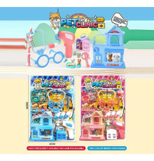 Набір ветеринара 398-27 (48/2) 2 види, будиночок, переноска, фігурки тварин, стетоскоп, пігулки, шприц, термометр, окуляри, аксесуари по догляду, на листі