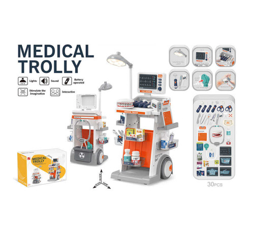 Набір стоматолога 660-91 (12) 30 елементів, медичний столик на колесах, лампа, стетоскоп, термометр, монітор, звук, підсвічування, на батарейках, щелепа, інструменти для огляду, полички, в коробці – в наличии! Купите сейчас у KAZKOVA
