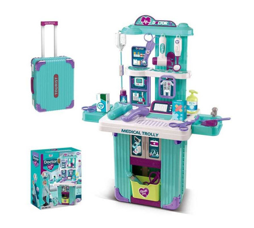 Набір лікаря 008-105 (8) валіза, висувна ручка, на коліщатках, монітор, електронний термометр, сканер, дзеркало, молоточок, окуляри, ножиці, шприц, крапельниця, ліки, кошик, наліпки, в коробці – в наличии! Купите сейчас у KAZKOVA