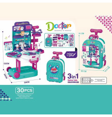 Набір лікаря T 2158-2 (24/2)медичний столик, озвуч. англійською мовою, набір інструментів, стетоскоп, термометр, шприц, ножиці, пінцет, таблетки, на батарейках, підсвітка, музика, пісні, у валізі