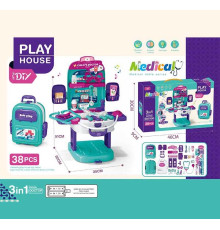 Набір лікаря T 2158-3 (24/2) медичний столик, озвуч. англійською мовою, набір інструментів, стетоскоп, термометр, шприц, ножиці, на батарейках, підсвітка, музика, пісні, в коробці