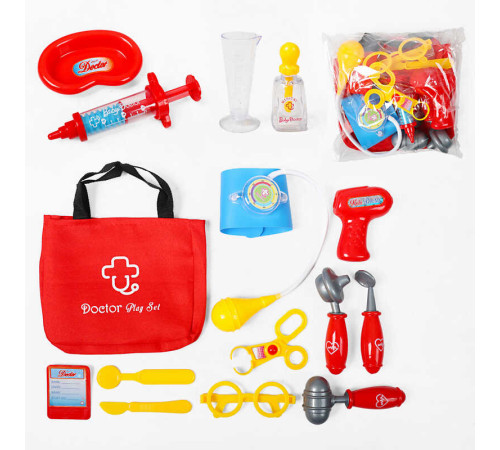 Набір лікаря KJ 1925 A-7 (24/2) стетоскоп, термометр, молоточок, дзеркало, мірна склянка, шприц, тонометр, отоскоп, пляшечка,окуляри, сумка, в пакеті