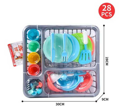 Набір посуду BJ 008 (36) 28 елементів, тарілки, ложки, виделки, сковорідка, склянки, лопатка, в слюді