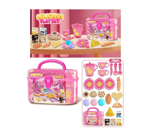 Набір продуктів 99022 (72/2) 25 елементів, 2 чашки, 3 блюдця, чайничок, ніж, ложка, вилка, смаколики, коробочки з напоями, в боксі