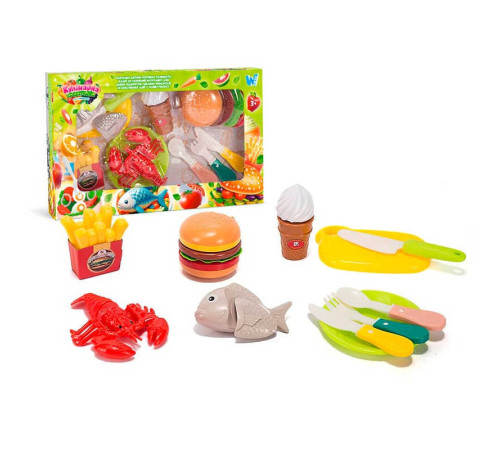 Набір продуктів “Кулінарна фантазія” 77930 (64/2) "WToys", 18 елементів, на липучках, дошка для нарізання, ніж, посуд, в коробці – в наличии! Купите сейчас у KAZKOVA