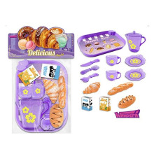 Набір продуктів 99001 (120/2) таця, 2 чашки, 2 блюдця, чайничок, ніж, ложка, вилка, круасан, багет, хліб, коробочки з молоком і соком, в пакеті