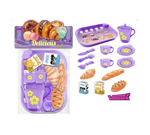 Набір продуктів 99001 (120/2) таця, 2 чашки, 2 блюдця, чайничок, ніж, ложка, вилка, круасан, багет, хліб, коробочки з молоком і соком, в пакеті