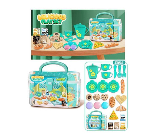 Набір продуктів 99025 (72/2) 25 елементів, 2 чашки, 3 блюдця, чайничок, ніж, ложка, вилка, смаколики, коробочки з напоями, в боксі