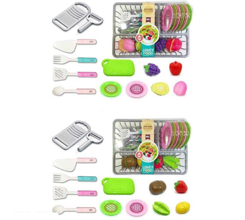 Набір посуду CS 711-10 (80/2) 2 види, продукти на липучках, підставка для посуду, тарілки, столове приладдя, дошка, терка, овочечистка, в слюді