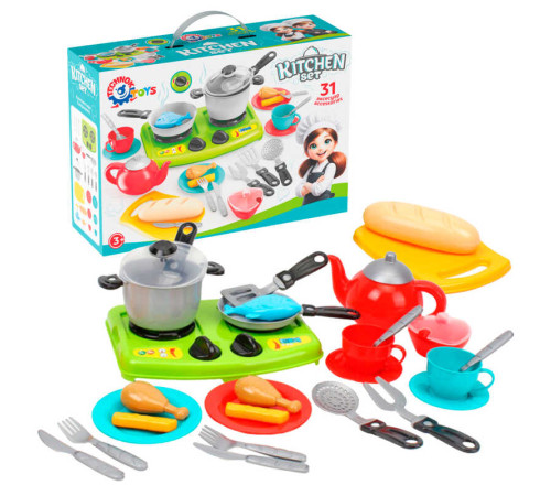 гр Набір посуду 3366 (5) "Technok Toys", 31 предмет, плита, чайник, посуд, муляжі їжі, в коробці