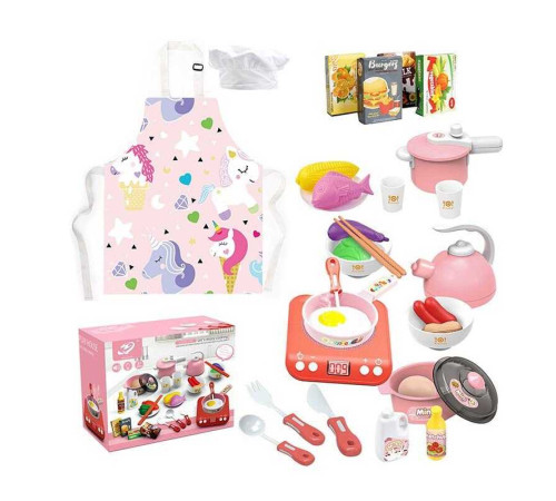 Набір посуду 168-97 (36) імітація електричної плити, таймер, підсвічування, звукові ефекти, фрази англ. мовою, кухарський ковпак, фартух, чайник, посуд, столове приладдя, муляжі харчових продуктів, наліпки, в коробці