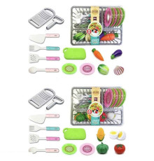 Набір посуду CS 711-11 (80/2) 2 види, продукти на липучках, підставка для посуду, тарілки, столове приладдя, дошка, терка, овочечистка, в слюді