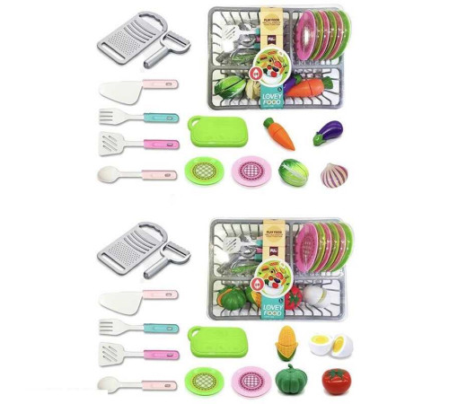 Набір посуду CS 711-11 (80/2) 2 види, продукти на липучках, підставка для посуду, тарілки, столове приладдя, дошка, терка, овочечистка, в слюді